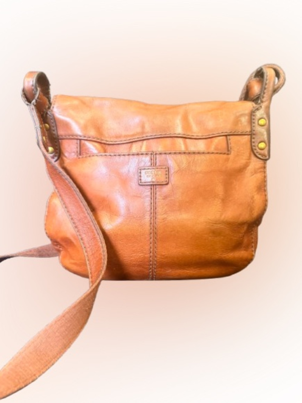 Vintage Fossil Leather Crossbody Messenger Bag Brown Tan Flap Zip Pockets